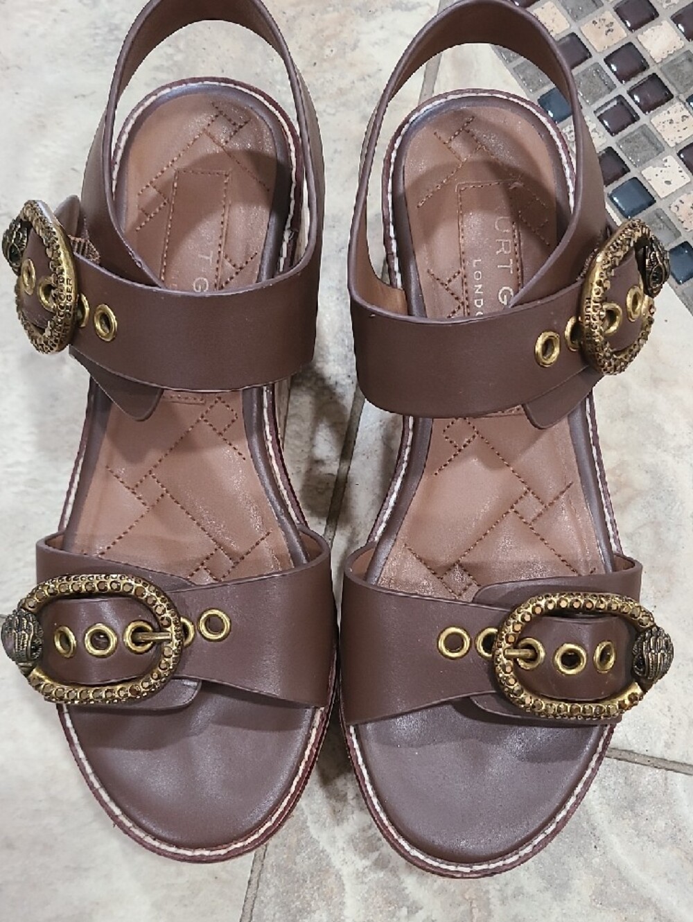 Kurt Geiger Brown Leather Cork Platform Wedges with Gold Buckle Detail